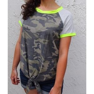 Neon Yellow and Grey Striped Camo Tunic Top